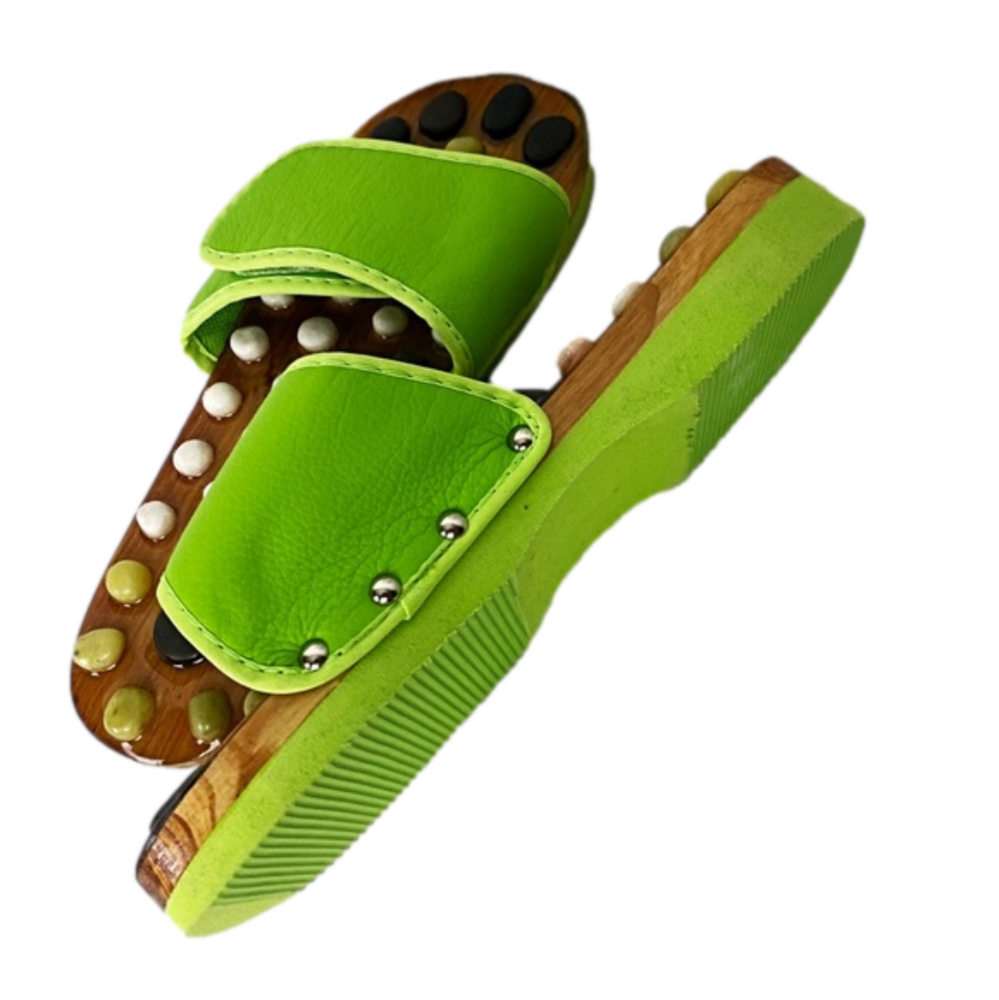 Acupressure Natural Stone pebble & Wood on Rubber Green Slides